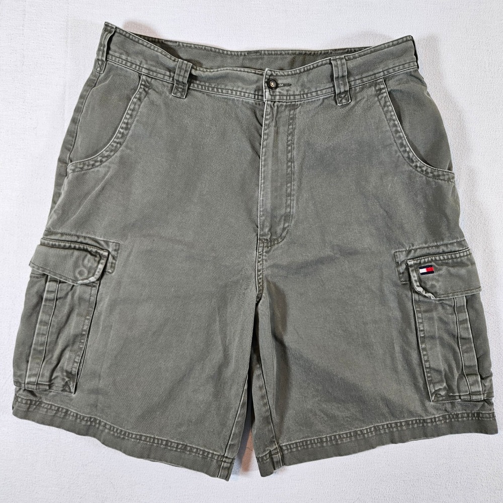 Tommy Hilfiger Cargo Shorts Mens 36 Olive Green Cotton Twill Vintage 90s Utility